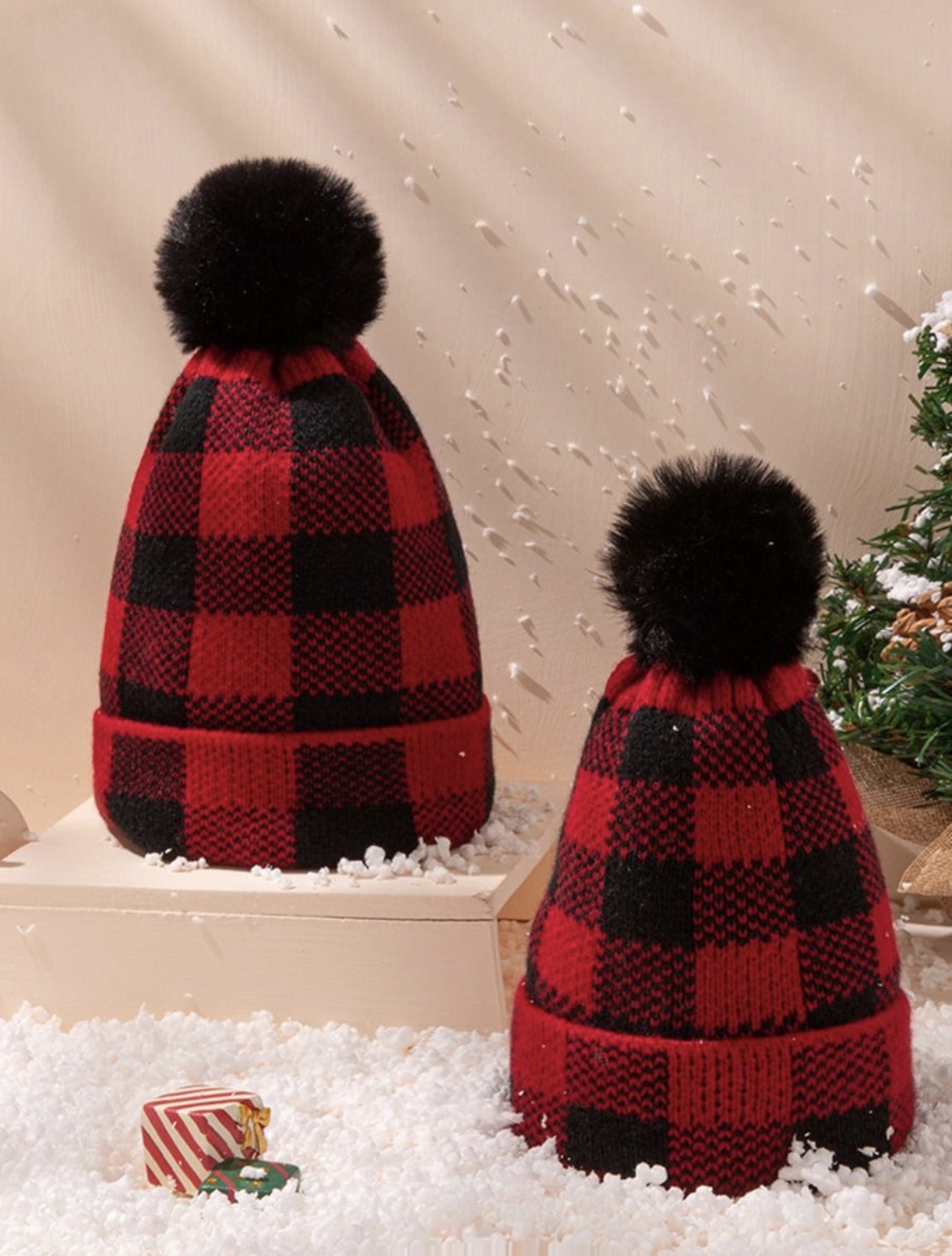 Red & Black Plaid Puff Beanie - Image 2