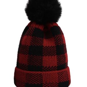 Red & Black Plaid Puff Beanie