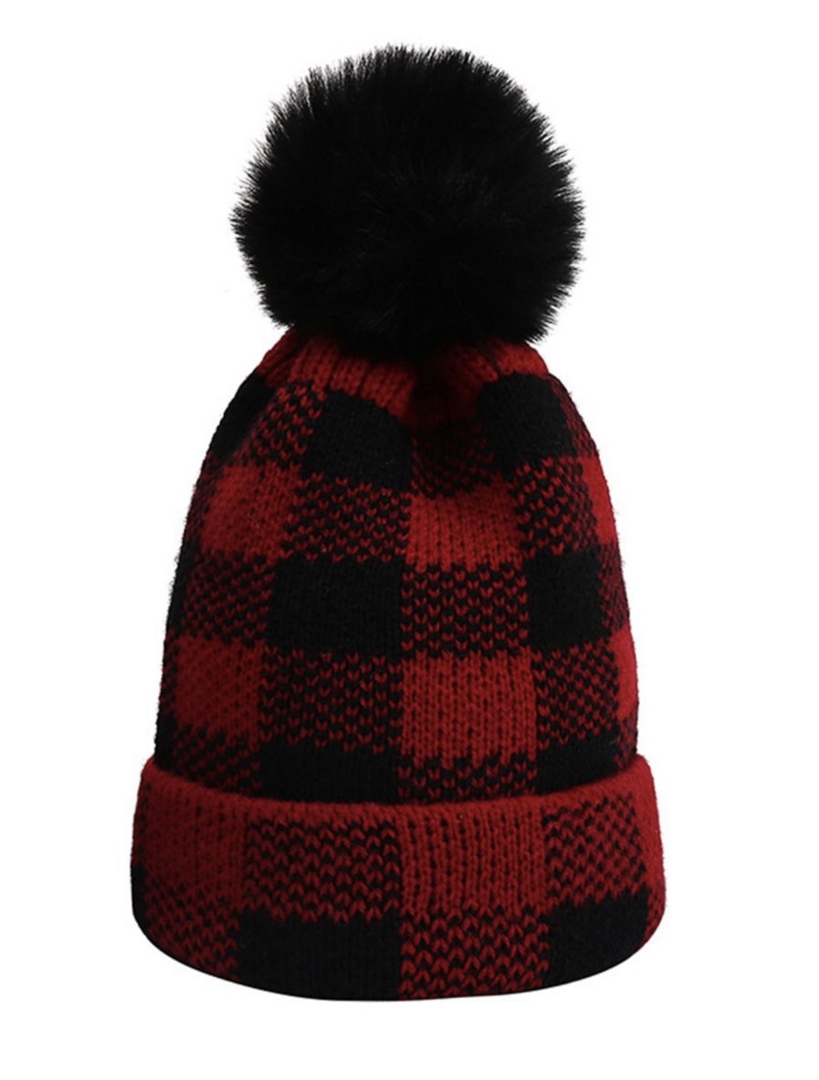 Red & Black Plaid Puff Beanie